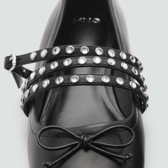 MANGO MNG Women’s Silver STUDDED Black BALLET FLATS WITH STRAPS Size 35/5 - Picture 15 of 16